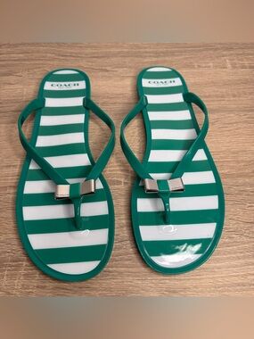 Coach Jade & White Landon Stripe Jelly Thong Sandals Size 11